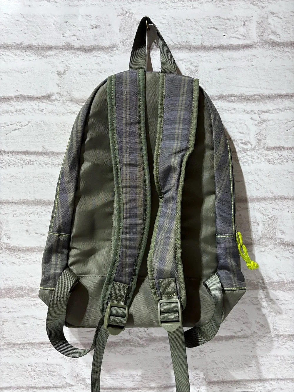 art class Olive Plaid Backpack with Neon Yellow Accents